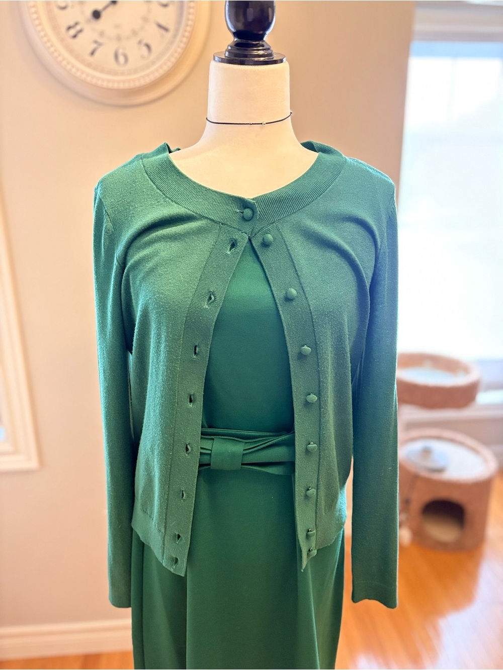 2PCS Vintage Jacob Emerald Green Sleeveless Dress&Bow- with matching cardigan - Picture 9 of 9